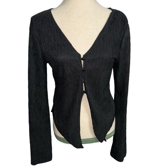 Solid Black Button Down Wide Sleeve Blouse Deep V Neck size L 8/10 stretchy - Picture 2 of 12